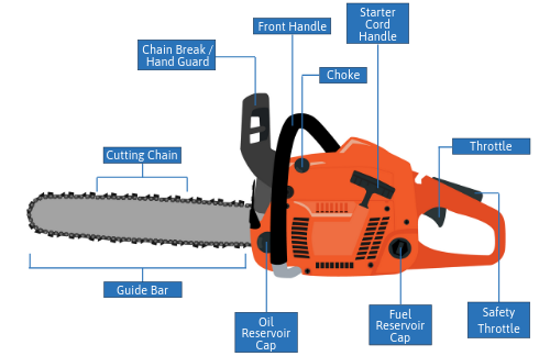 Illustration of a chainsaw with labeled parts