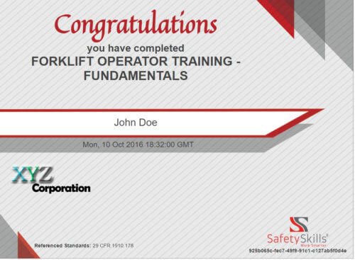 Certificate showing completion of SafetySkills Forklift Operator Training - Fundamentals
