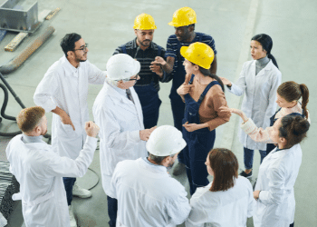 Group safety meeting in factory